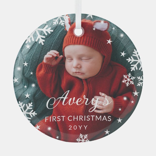 Snowflakes & Stars Kindermädchen 1. Weihnachtsfest Ornament Aus Glas (Vorderseite)