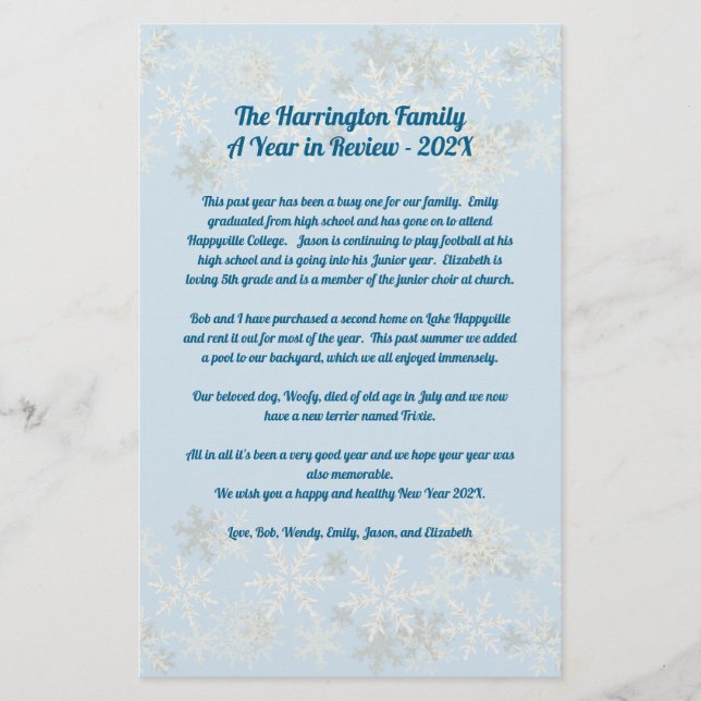 Snowflakes Weihnachts-Letter-Familie Jahr der Über Briefpapier (Vorderseite)