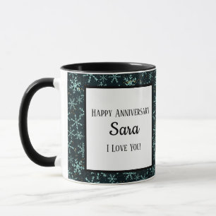 Snowflakes White Blue in Black Night Sky Tasse