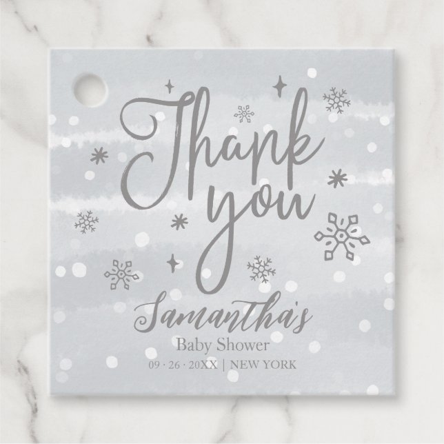 Snowflakes Winter Gray Baby Dusche Danke Geschenkanhänger (Vorderseite)