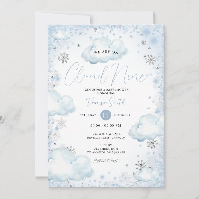 Snowflakes Winter We Are On Cloud Nine Baby Shower Einladung (Vorderseite)