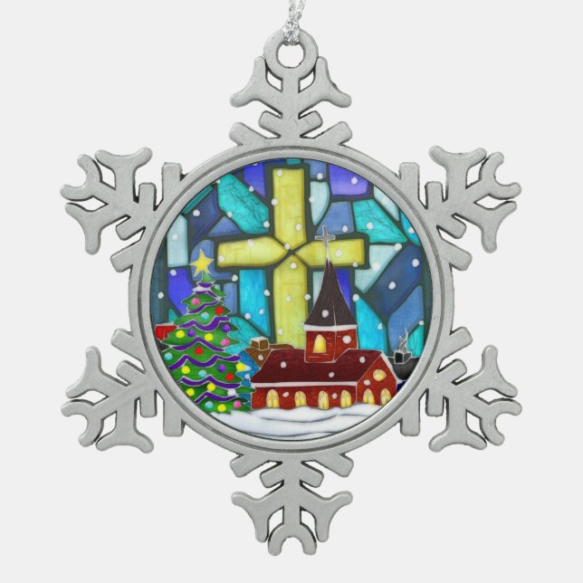 Snowglobe Whimsey Katholischer Urlaub Schneeflocken Zinn-Ornament (Vorderseite)