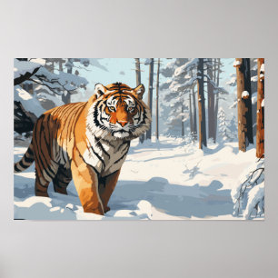 Snowian Tiger in schneebedecktem Wald Poster