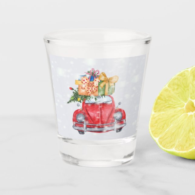 Snowing Red Car Weihnachtsgeschenke und Baum, ZSSP Schnapsglas (Vorderseite)