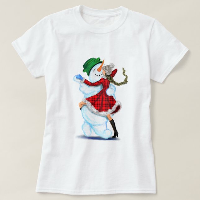 Snowman and Girl Dancers Weihnachtsfest T - Shirt (Design vorne)