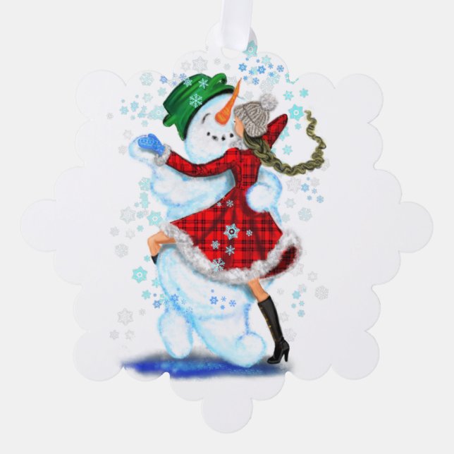 Snowman and Girl Dancers Weihnachtsschmuckkarte Ornament Karte (Vorderseite)