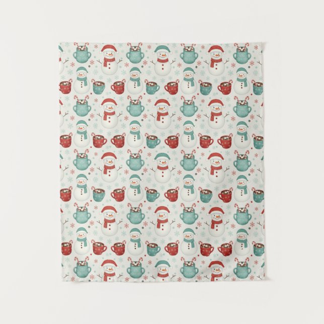 Snowman and Hot Cocoa Christmas Seamless Pattern Wandteppich (Vorderseite)