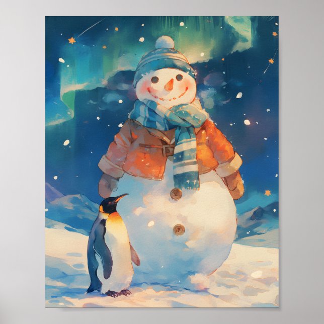 Snowman and Penguin Northern Lights Winter Nursery Poster (Vorne)