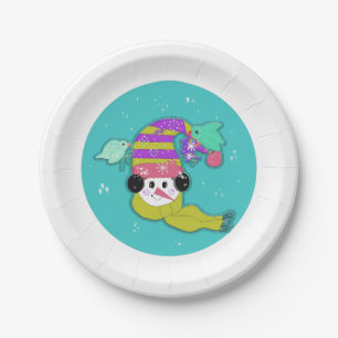 Snowman Aqua Winter Birds Paper Plate Pappteller