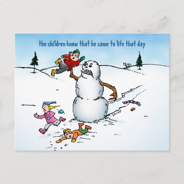 Snowman attackiert die Kinder Funny Holiday Postca Feiertagspostkarte (Vorderseite)