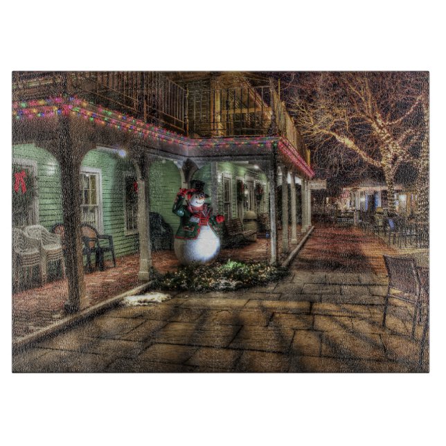 Snowman auf der Veranda im Winter Wunderland Schneidebrett (Vorderseite)