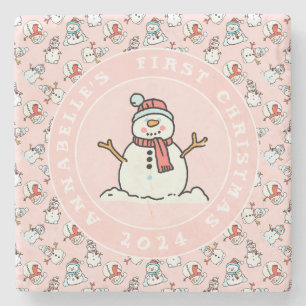 Snowman Baby's First Christmas Pink Name Steinuntersetzer