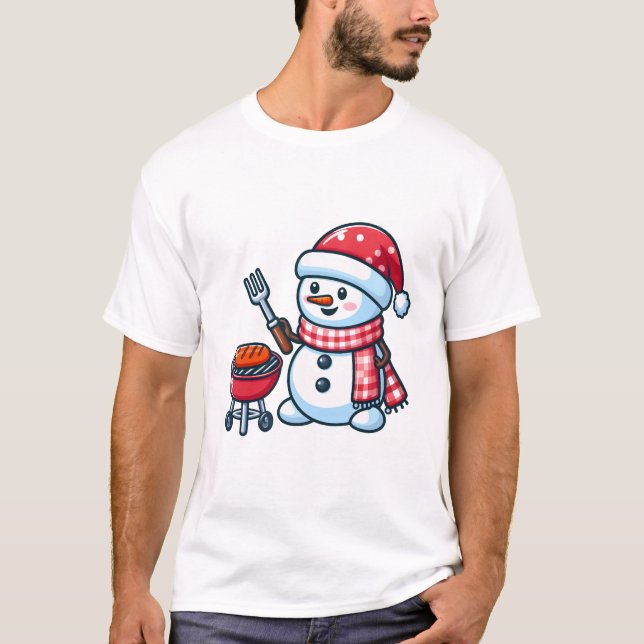 Snowman Barbeque Cartoon T-Shirt (Vorderseite)
