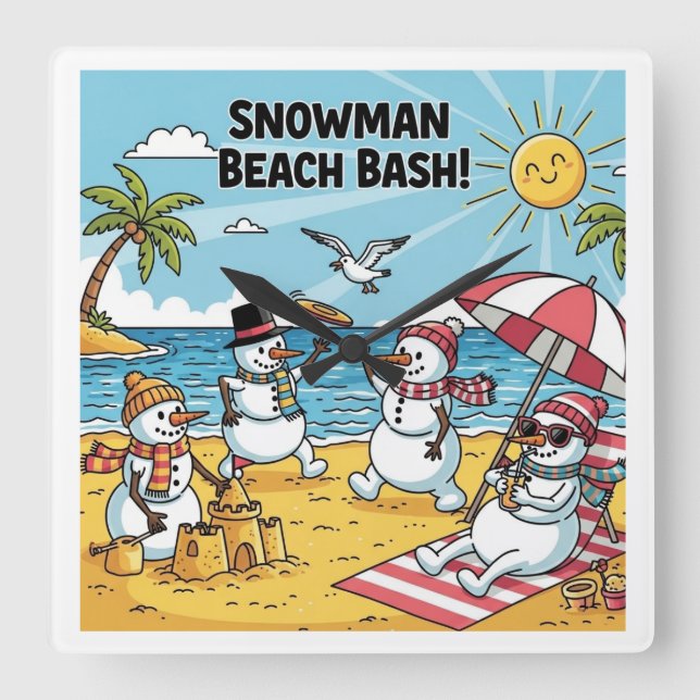 Snowman Beach Bash Quadratische Wanduhr (Vorderseite)