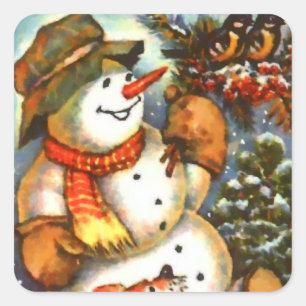 Snowman Birds und Welpen Quadratischer Aufkleber