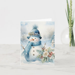 Snowman Blue Hat Scarf Snow Covered Trees Blank Karte