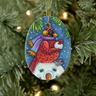 SNOWMAN BODYGUARD, CHRISTMAS KARDINAL REDBIRD KERAMIK ORNAMENT