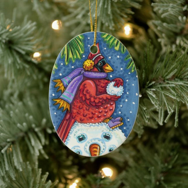 SNOWMAN BODYGUARD, CHRISTMAS KARDINAL REDBIRD KERAMIK ORNAMENT (Baum)