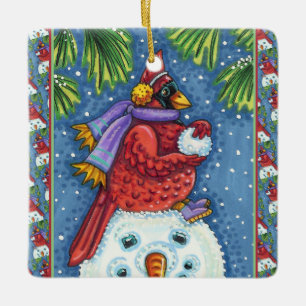 SNOWMAN BODYGUARD, CHRISTMAS KARDINAL REDBIRD KERAMIKORNAMENT