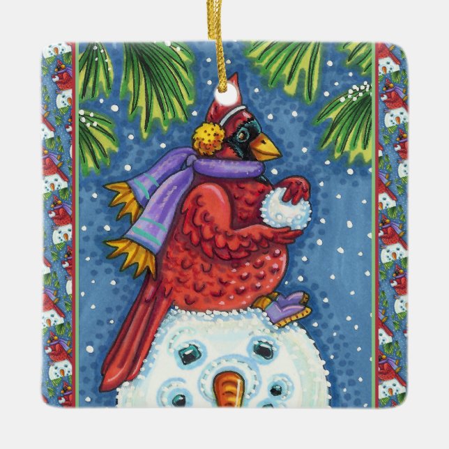 SNOWMAN BODYGUARD, CHRISTMAS KARDINAL REDBIRD KERAMIKORNAMENT (Vorderseite)