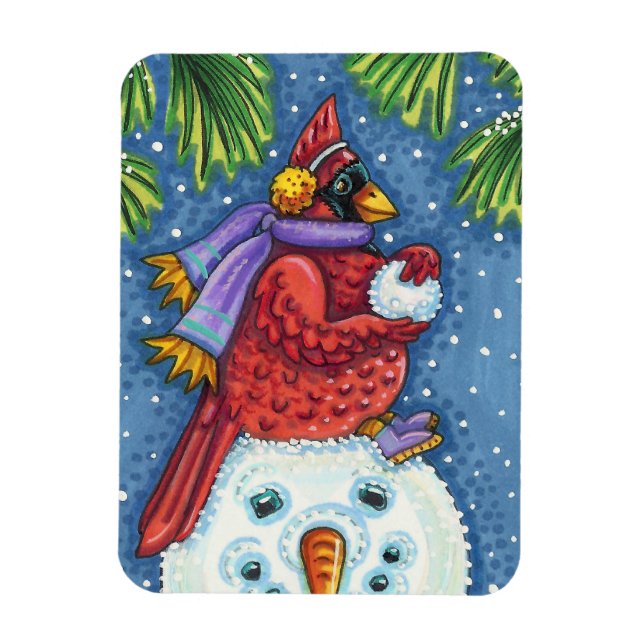 SNOWMAN BODYGUARD, CHRISTMAS KARDINAL REDBIRD MAGNET (Vertikal)