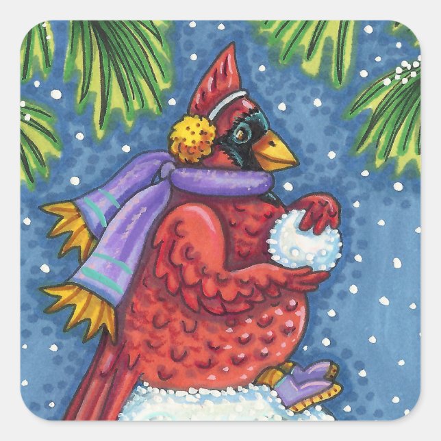 SNOWMAN BODYGUARD, CHRISTMAS KARDINAL REDBIRD QUADRATISCHER AUFKLEBER (Vorderseite)
