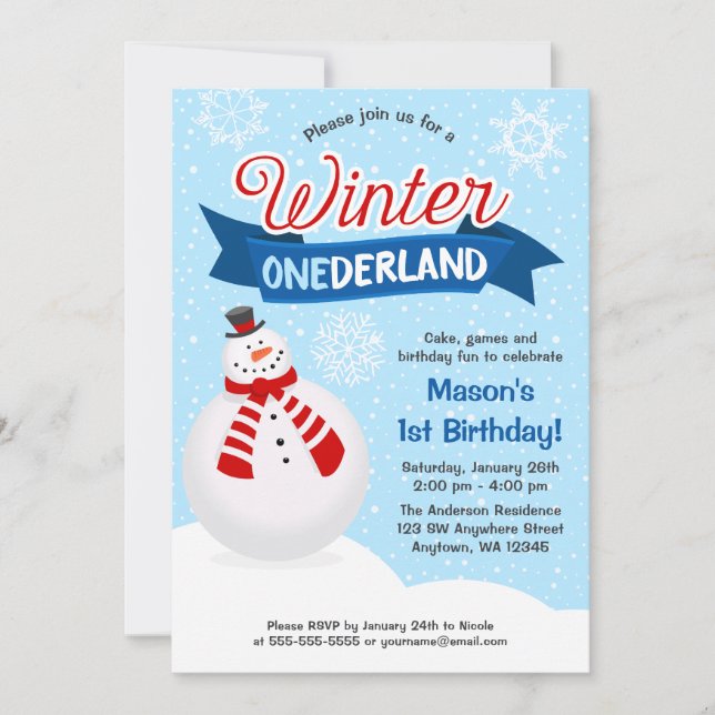 Snowman Boy Winter ONEderland 1. Geburtstag Einladung (Vorderseite)