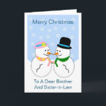 Snowman Brother and Sister-in-Law Weihnachtskarte Feiertagskarte<br><div class="desc">Grußkartenbruder und Schwiegerschwester Weihnachtskarten Schneemann Design. Passen Sie diese Weihnachtskarte mit jedem beliebigen Text an und lassen Sie sie dann drucken und Ihnen zuschicken oder laden Sie sie sofort herunter. Wenn Sie Hilfe bei der Anpassung benötigen, kontaktieren Sie uns über den Link auf dieser Seite. Bruder und seine Schneemänner entwerfen...</div>