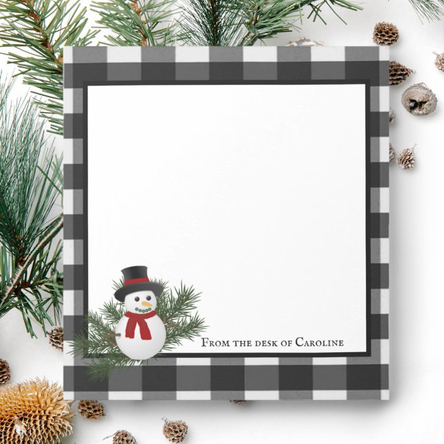 Snowman Buffalo Kariert Personalisierte Notepad Notizblock (Black and White Smiling Snowman Buffalo Plaid Personalized Notepad)