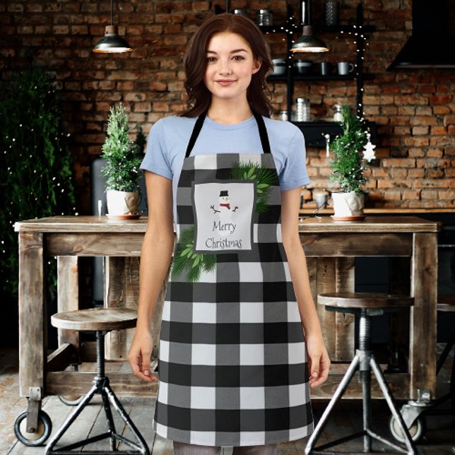 Snowman Buffalo Karierte Weihnachten | Schwarze Sc Schürze (Snowman Buffalo Plaid Christmas Apron)
