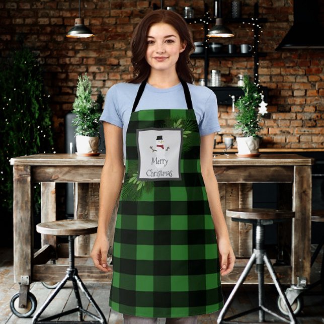 Snowman Buffalo Karierte Weihnachtsgrün Schürze (Green Snowman Buffalo Plaid Christmas Apron)