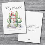 Snowman Cactus Christmas Feliz Navidad Feiertagskarte<br><div class="desc">Feliz Navidad Cactus Snowman Weihnachtskarte. Feliz Navidad, das spanische Weihnachtswort, bekommt eine lustige Drehung mit dieser einzigartigen Urlaubskarte mit einem skurrilen Wasserfarbenschneemann, umgeben von grünen Kakteen und Sukkulenten, die alle mit farbenfrohen Urlaubsleuchten geschmückt sind. Diese lustige und festliche Szene bringt den Urlaubssgeist in die Wüste und verbindet den Charme des...</div>