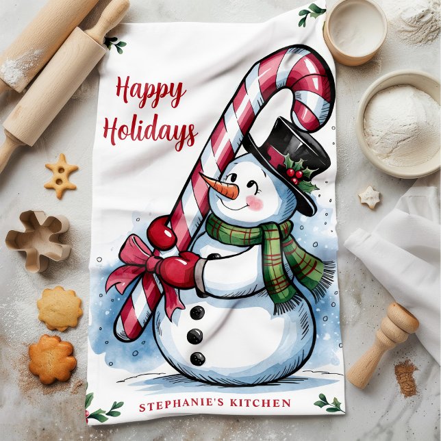 Snowman Candy Cane Happy Holidays Weihnachten Geschirrtuch (Von Creator hochgeladen)