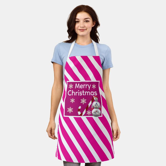 snowman Candy Cane Stripe Merry Christmas Schürze (Getragen)
