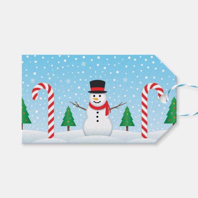 Snowman & Candy Cane Winter Wonderland Geschenkanhänger (Vorderseite (Horizontal))