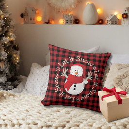 Snowman Cartoon Red Black Kariert Rustikal Let it  Kissen