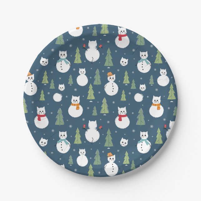 Snowman Cats Holiday Pattern Pappteller (Vorderseite)