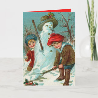 Snowman Children Snow Holly Feiertagskarte