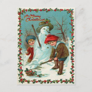 Snowman Children Snow Holly Postkarte