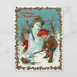 Snowman Children Snow Holly Postkarte