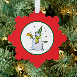 snowman christmas ornament with broom and stars