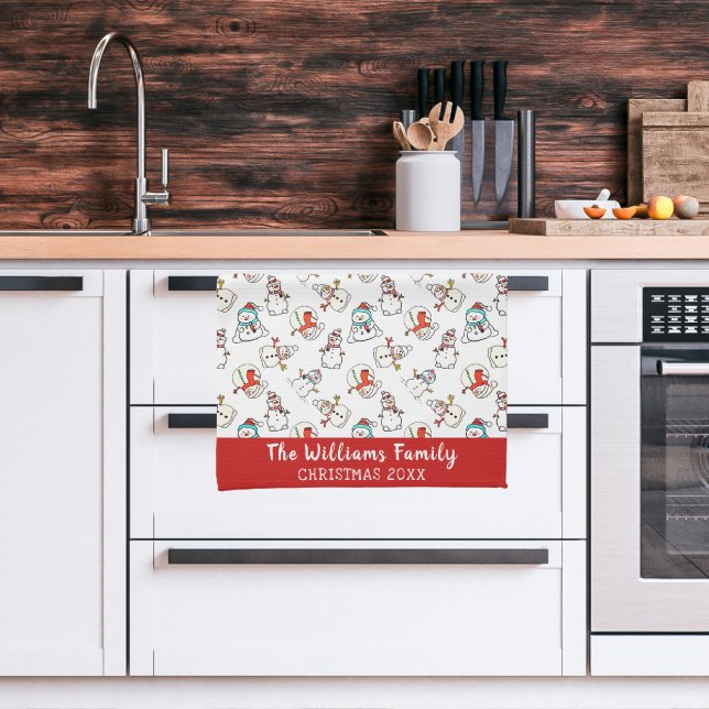 Snowman Christmas Pattern | Familienname 2026 Geschirrtuch (Kitchen)