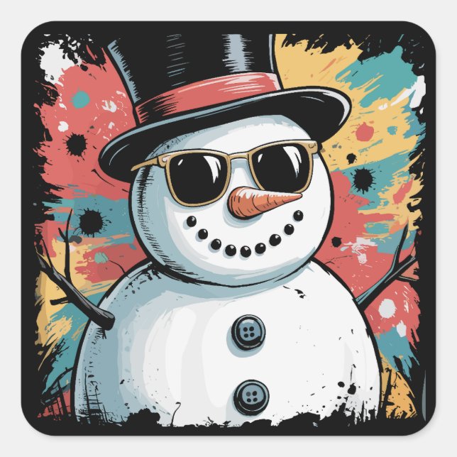 Snowman Christmas Pinselstrich Spritzer Cool Winte Quadratischer Aufkleber (Vorderseite)