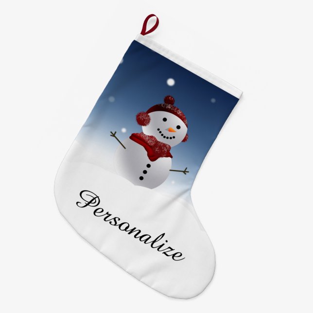 Snowman Christmas Strumpf - Personalisierter Name Großer Weihnachtsstrumpf (Vorderansicht (hängend))