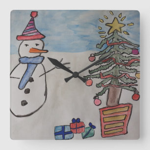 Snowman & Christmas Tree Wall Clock Quadratische Wanduhr