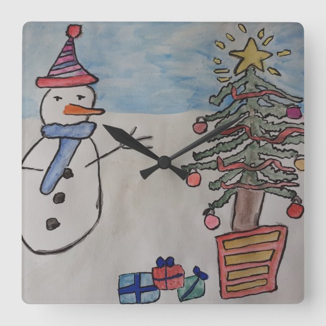 Snowman & Christmas Tree Wall Clock Quadratische Wanduhr (Vorderseite)
