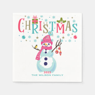 Snowman Christmas Türkis Rotes Rosa Personalisiert Serviette