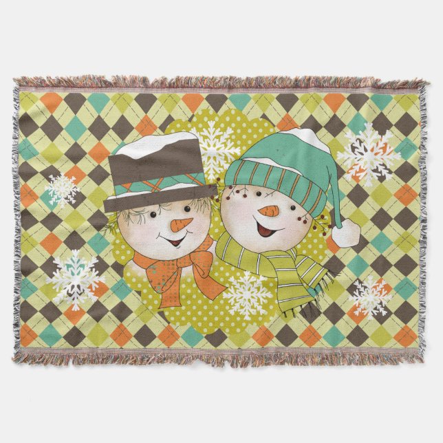 Snowman Couple Dots und Raute Holiday Throw Decke (Vorderseite)