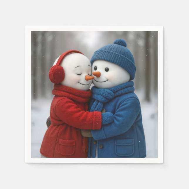 Snowman Couple Hugging in Winter Forest Serviette (Vorderseite)