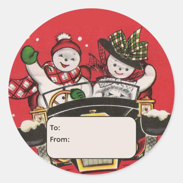 Snowman Couple in Car Personalized To and From Runder Aufkleber (Vorderseite)